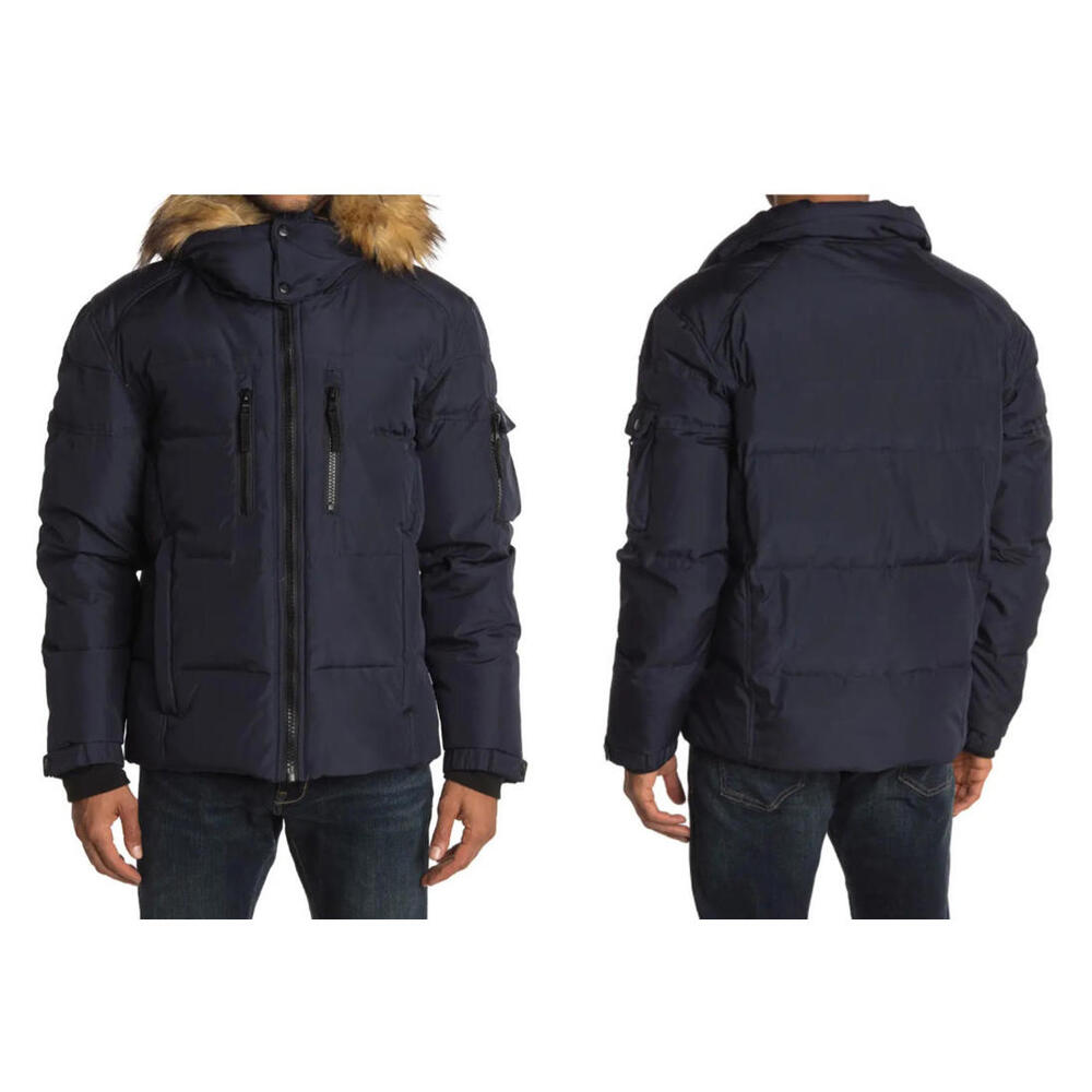 NEW, S13 Telluride Faux Fur Trim Hooded Down Puffer Jacket in Navy M #SJ1915
